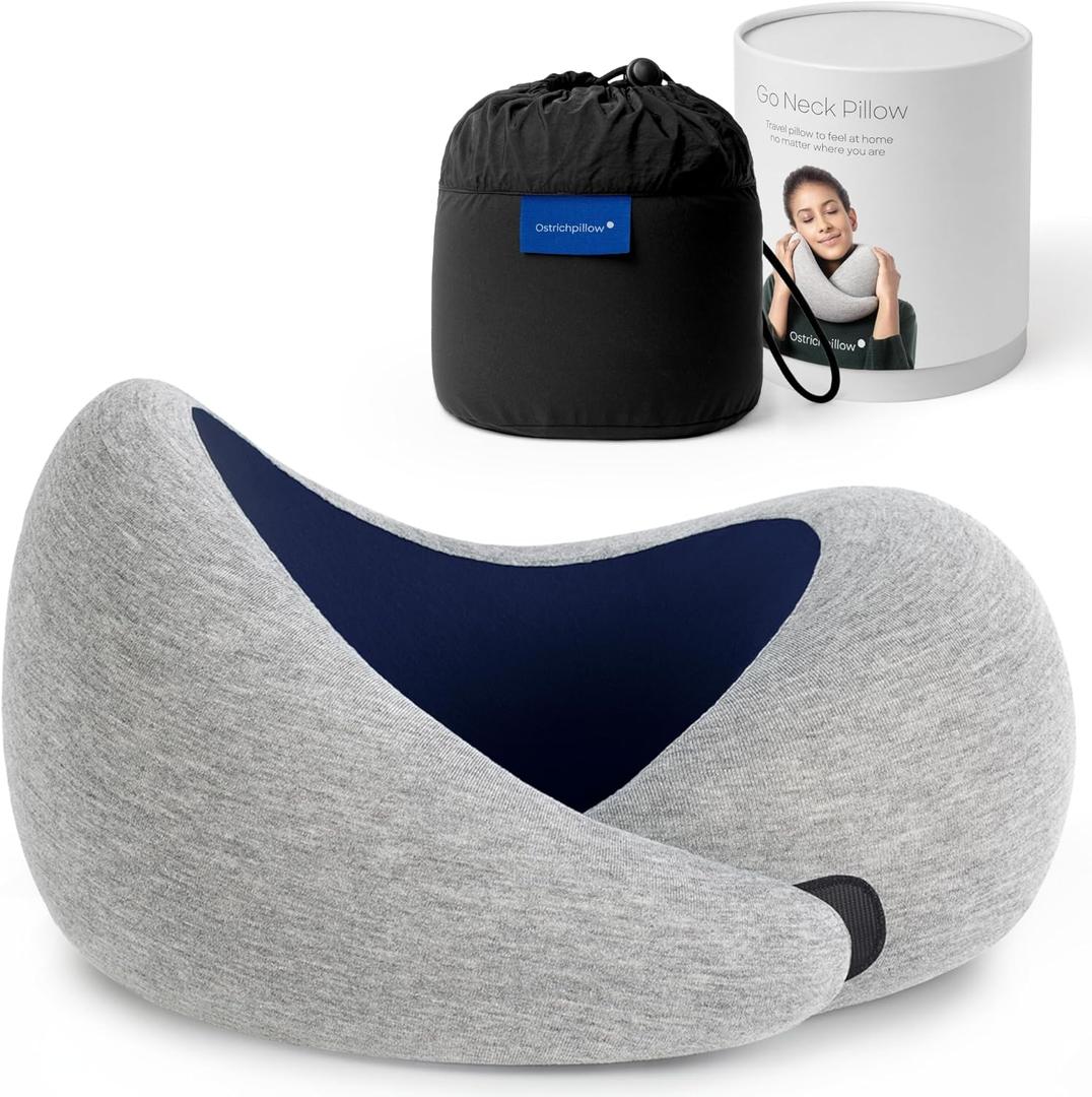 Ostrichpillow Go Neck Pillow, Travel Pillows for Airplanes, Premium Memory Foam Travel Pillow, 360 Ergonomic Design, Asymmetrical Sides, Travel Bag Included, Washable Modal Cover (Onesize, Deep Blue)