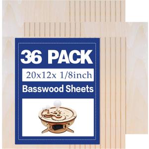 20x12x1/8 Inch Basswood Sheets, 3mm Plywood for Laser Cutting, Unfinished Wood Board for Engraving, Wood Burning, Painting, Crafts, Ornaments, Models, Cutter (36Packs-20x12inch)