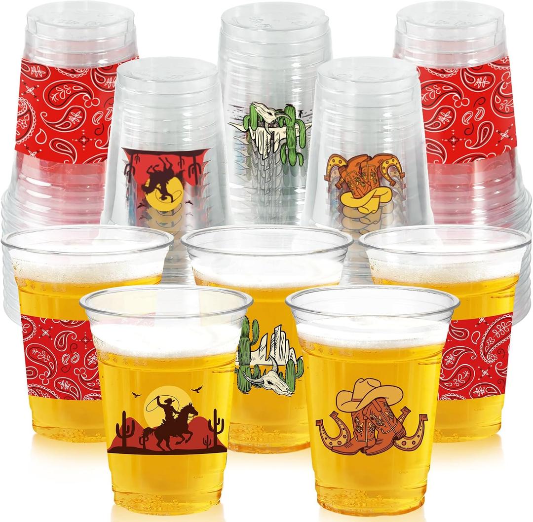 50Pcs Western Cowboy Plastic Cups,12 OZ Disposable Cowboy Themed Drinking Cups for Western Themed Parties, Tailgate Events,Christmas Wedding Birthday Rodeo Party Supplies Decorations Favors