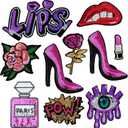 Chuangdi 10 Pieces Purple Sequin Iron on Patches DIY Embroidered Patches Lips Lipstick High Heel Pow Sew on Applique Glitter Patch Clothing Repair Patch for Woman Garment Bag Caps Decor