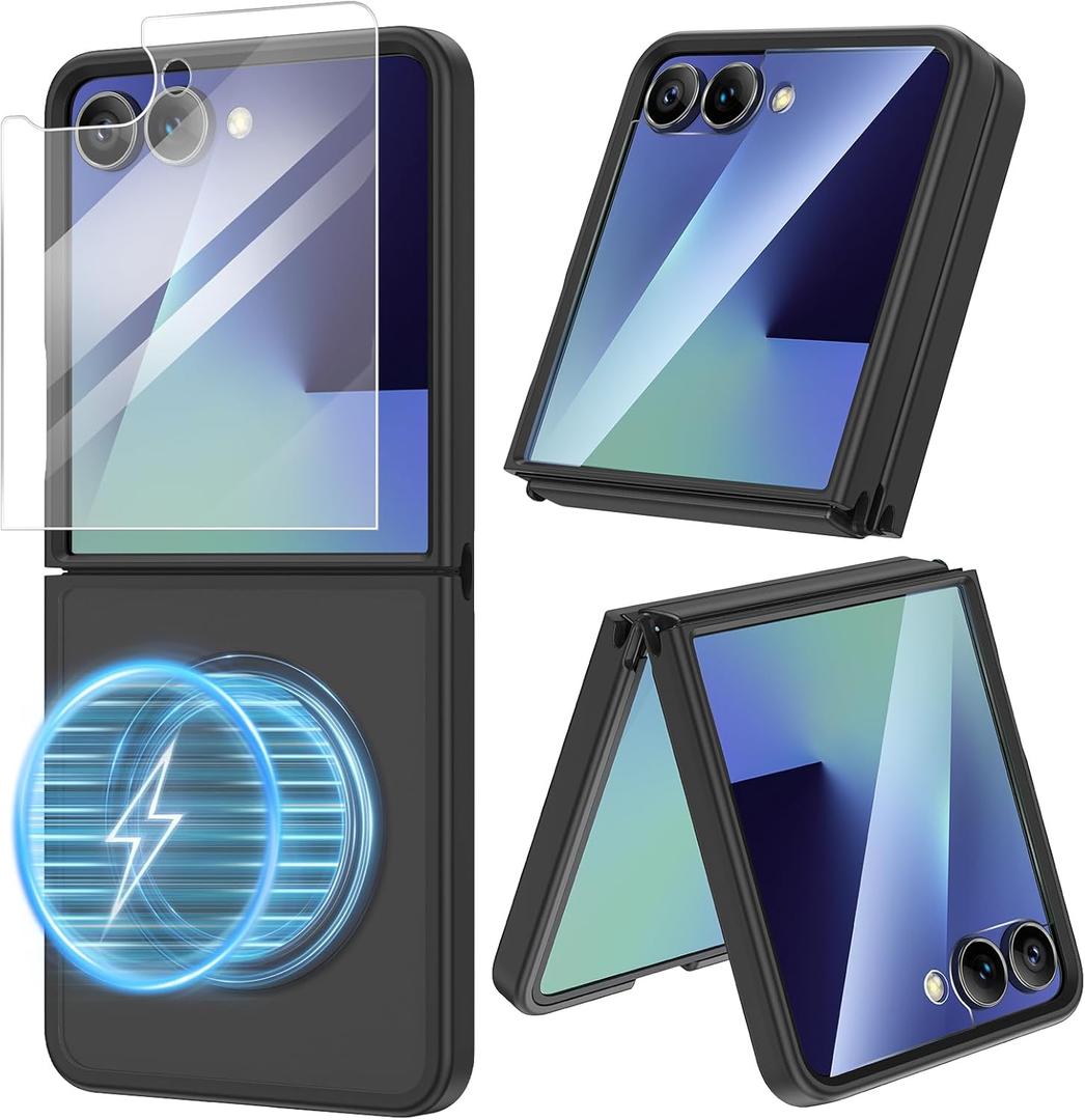 VEGO for Z Flip 7 Case with Screen Protector[Compatible with Magsafe][Anti-Fingerprint & Wear-Resistant]Ultra Slim Soft TPU & Hard PC Shockproof Phone Case for Samsung Flip 7(Not for 7FE)-Matte Black