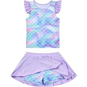 Girls Swimsuit 2 Piece Ruffle Bathing Suit UPF 50+ Tankini Swimsuit Skirt with Lining Size 3-10 (5-6 Years, A1-mermaid-03)