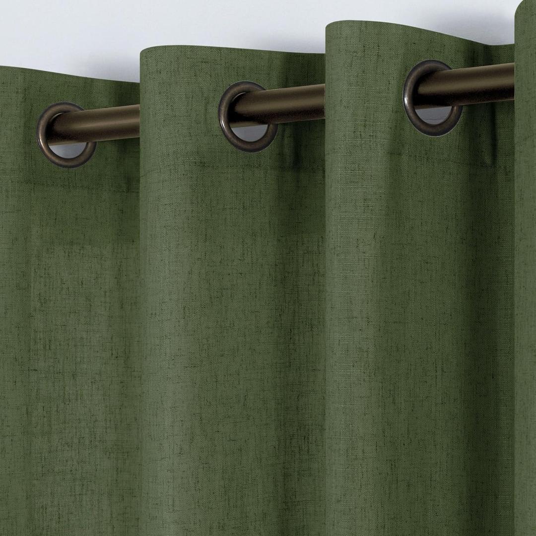 KOUFALL Dark Olive Green Curtains for Living Room 84 Inches Long,Sheer Grommet Linen Vintage Boho Curtains for Bedroom 2 Panels Set,Moss