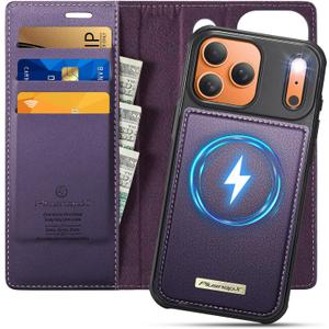 Wallet Case for iPhone 17 Pro Max Compatible with Magsafe, 2-in-1 PU Leather Flip RFID Blocking Card Holder Stand Shockproof Magnetic Detachable Cover for iPhone 17 Pro Max, Fashion Purple