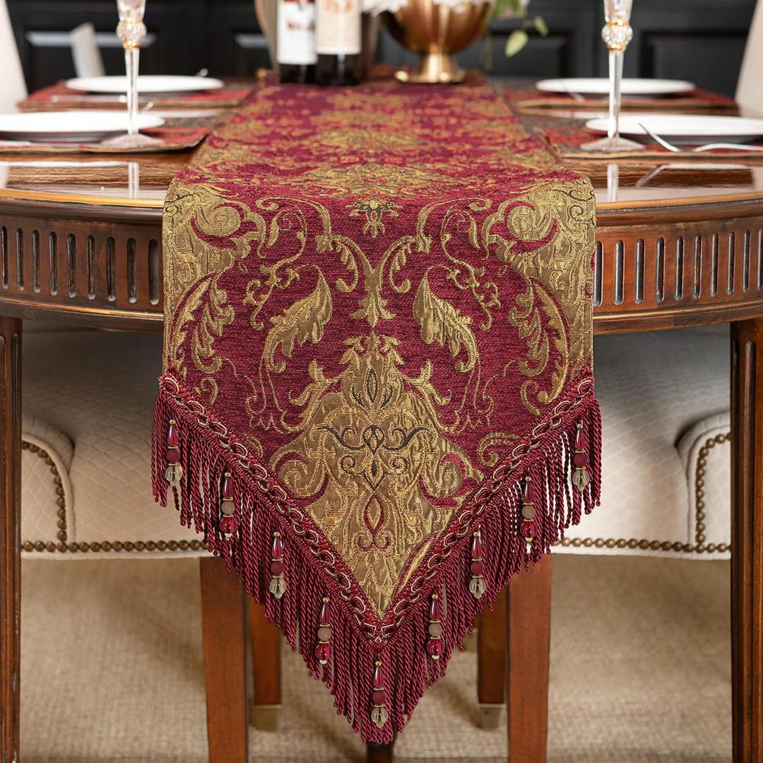 Loom and Mill Luxury Vintage Chenille Table Runner 120 Inches Long, Red Damask Jacquard Table Runners with Multi-Tassels for Dining Room Dresser Party Banquet Christmas Decor(Red,13x120 inch)