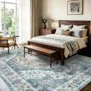 6x9 Area Rugs Washable, Large Indoor Printed Vintage Rugs for Living Room Bedroom, Low-Pile Stain Resistant Carpet with Non Slip Rubber Backing for Dining Room Nursery Home Decor, Light Blue