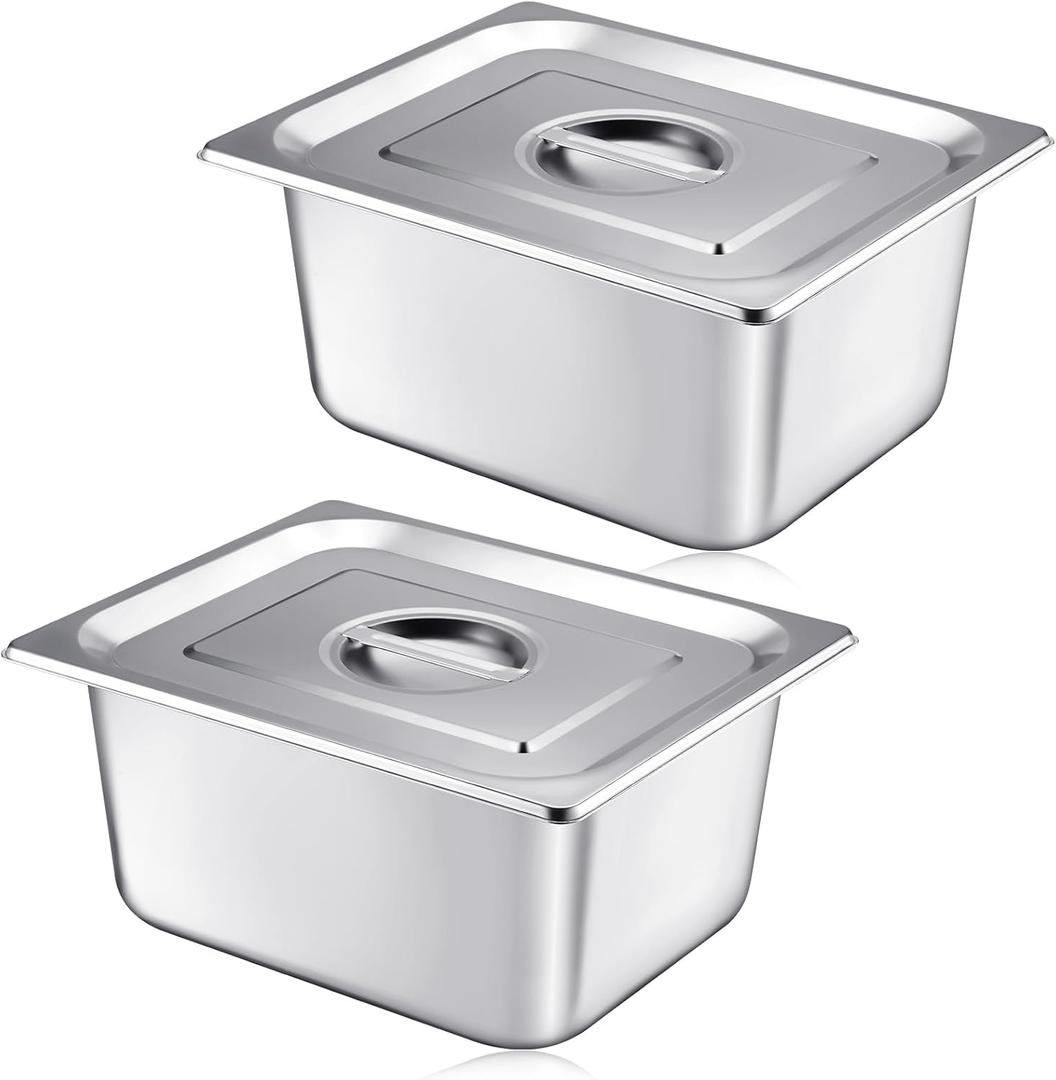 Mifoci 2 Pack Stainless Steam Hotel Pan with Lid, 1/2 Size x 6 Inch Deep Steam Table Pan Restaurant Supplies Reusable Anti Rust Catering Storage for Home, Party, Restaurant, Hotel, Buffet