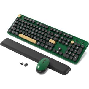 Colorful Wireless Keyboard and Mouse Combo, Retro Typewriter Style Round Keys, 2.4GHz Ergonomic Aesthetic Computer Keyboard with Wrist Rest for Mac, Windows, Laptop, PC(Dark Green)