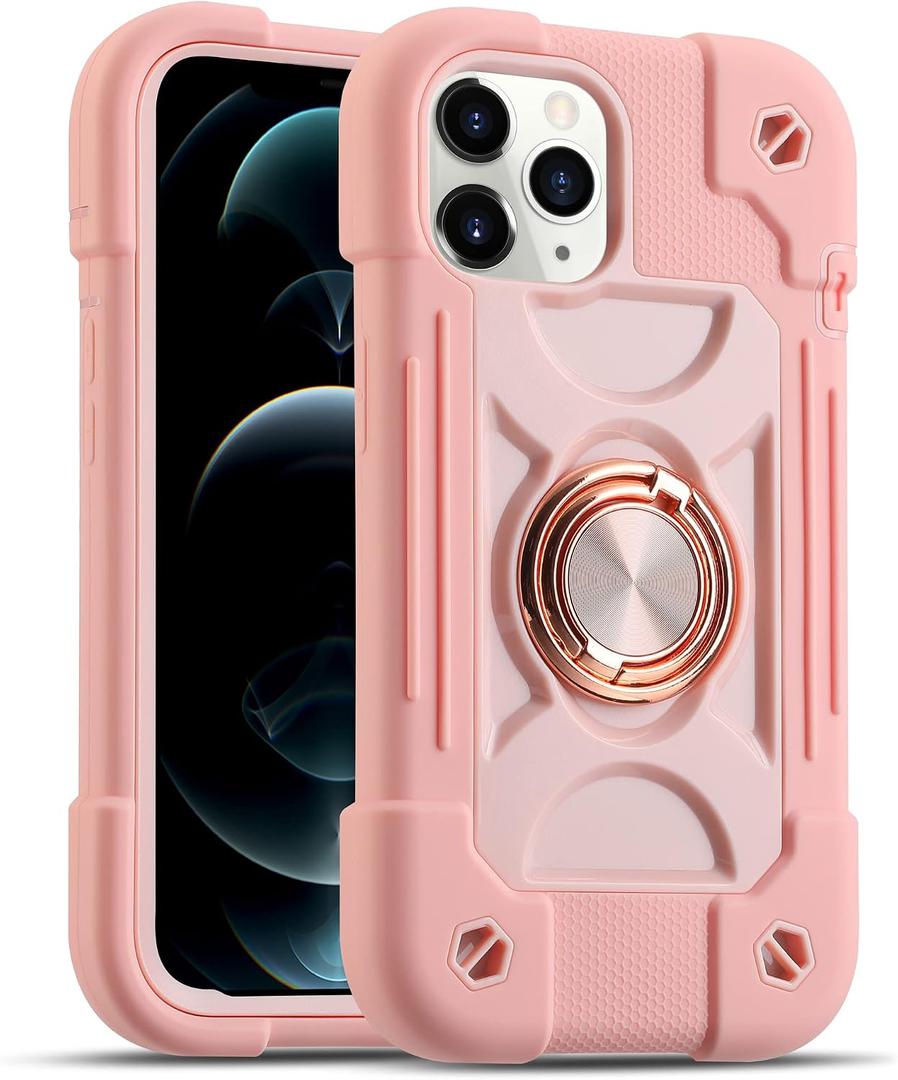 MARKILL Compatible with iPhone 12/12 Pro Case 6.1 Inch with 360 Degree Rotate Ring Stand, Military Grade Drop Protection Heavy Duty Case 3 in 1 Protective Cover for iPhone 12/12 Pro, Pink