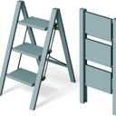 HillhutApex 3 Step Stool, Aluminum Foldable Step Ladder, Lightweight Stable Stool with Wide Non-Slip Pedals, 330lbs Bearing Capacity Ladder for Office,Home,Kitchen - Light Blue