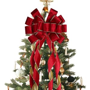 LaRibbons Large Red Velvet Christmas Tree Topper Bow, 13"x51" Holiday Ribbon Tree Topper, Classic Christmas Tree Decoration with Gold Trim, Xmas Indoor Outdoor Ornament