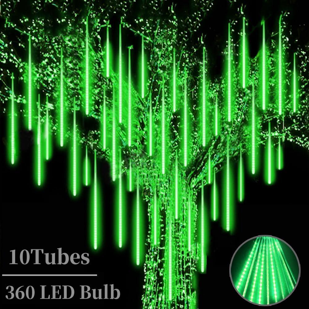 High Brightness 10 Tube 12 Inch 360 LED Meteor Shower Rain Lights Cascading Falling Rain Outdoor Light for Christmas Halloween Tree Raindrop Decoration (Green)