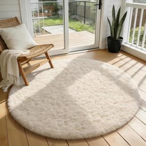 Ophanie Round Rug 3Ft Ivory Circle Area Rugs, Fluffy Fuzzy Small Bedroom Carpet 3 Foot, Plush Shag Floor Cream Living Room Circular Aesthetic Decor for Kids Teen Boys Baby Girls, Nursery,Classroom