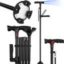 Folding Cane with Led Light, Adjustable Canes and Walking Sticks for Seniors, Walking Cane Stick for Adults, Seniors Cane with Cushioned T Handle and Swivel Four Pedestal