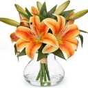 Hollyone Fall Artificial Flowers in Vase Tiger Lily Real Touch Orange Silk Faux Flowers Arrangements with Glass Vase with Faux Water Fake Floral Bulk Lily Bouquet Shelf Table Centerpiece Home Decor