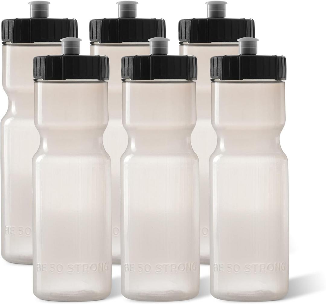 50 Strong Sports Water Bottles  Reusable 22 oz BPA-Free Plastic Bottles with Pull Top Cap  Made in USA  Top Rack Dishwasher Safe  Fits Most Bike Cages Brand (Clear)