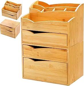 Yopay 2 Pack Bamboo Desk Organizer, Stackable Desktop Organizers with 3 Drawers, Bamboo Office Tabletop, Countertop Organization for Stationery, Makeup Vanity, Fully Assembled