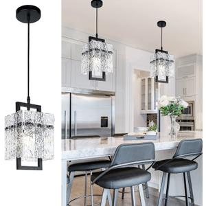 Black Crystal Pendant Light for Kitchen Island, Luxury Water Ripple Glass Chandelier Lights Fixture, Modern Elegant Adjustable Pendant Lighting for Dining Room Bedroom, E12 Bulb, L6.5'' x H11.8'' (Black L7"*H12")