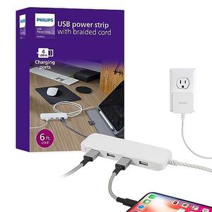 Philips 24W USB Extension Cord Power Strip Charging Station, for IPhone 11/Pro/Max/XS/XR/X/8, iPad Pro, Samsung Galaxy S10/S9/Plus, Google Pixel, USB-A, 6 ft. Braided Cord, DLK2506/27