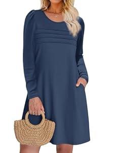 Wenrine Womens Pleated Front Mini Dress Long Sleeve Loose Fit A Line Fall Casual T Shirt Dresses with Pockets Navy, Medium