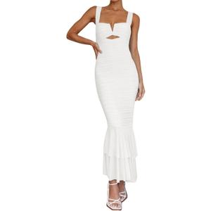 houstil Women's Strap Wedding Guest Dress Wrinkles Mesh Bodycon Party Maxi Cocktail Cut Out Clubwear Summer (White, M)