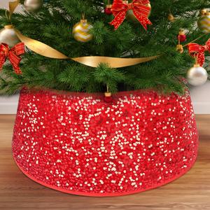 Red Sequin Christmas Tree Collar - 23.6 Inch Tree Skirt and Base Cover / Box - Holiday Tree Ring, Red Red Sequin Christmas Tree Collar - 23.6 Inch Tree Skirt and Base Cover / Box - Holiday Tree Ring, Red