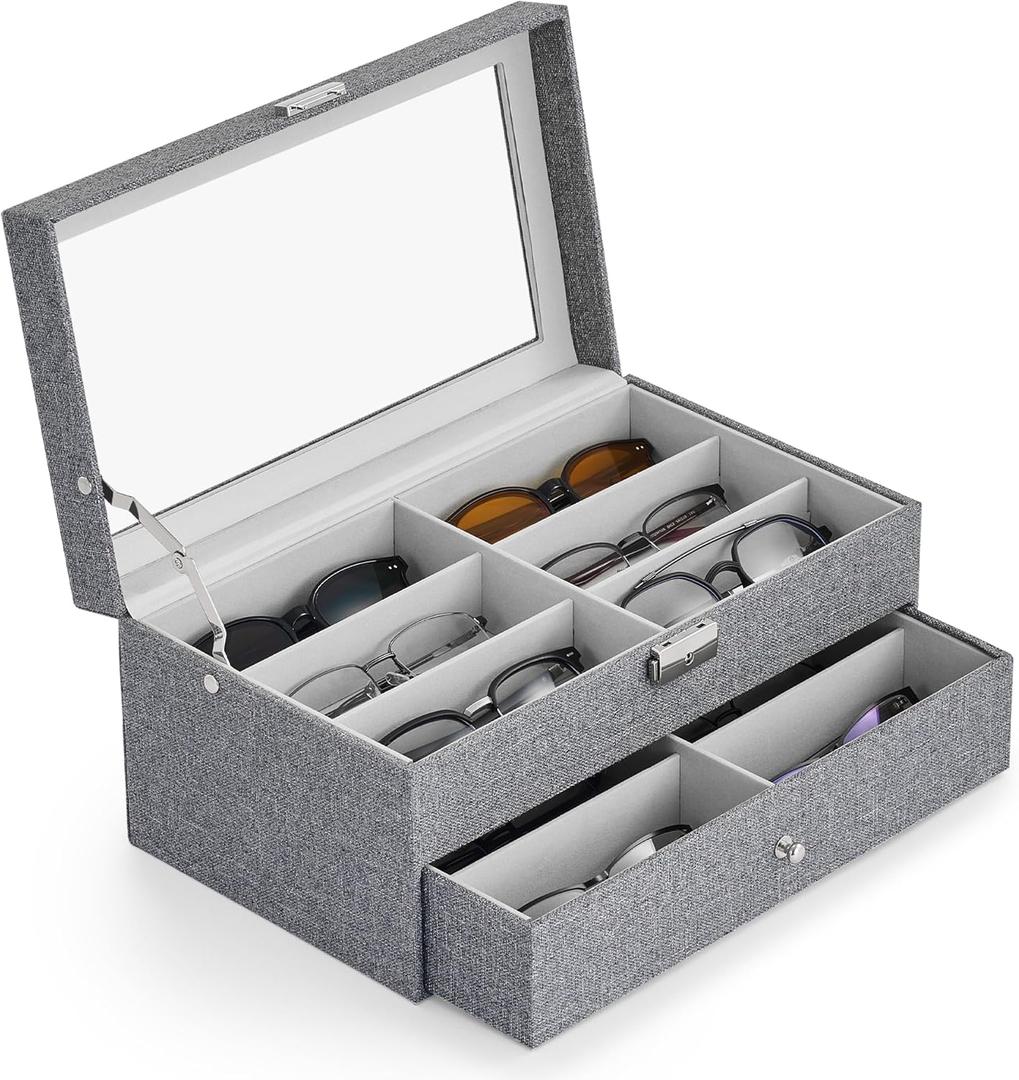 CO-Z Sunglasses Organizer with 12 Slots, Linen Eyeglasses Storage Box for Women Men, 2 Story Lockable Display Case for Multiple Glasses, Sunglasses Jewelry Collection Holder with Drawer, Grey