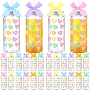 Qinyoung 24 Pack Reusable Valentine's Day Cups with Lids and Straw Bows Candy Conversation Heart Plastic Cups 13.5oz Valentine's Party Clear Drinking Cup Tumblers for Galentines Party Supplies Gifts