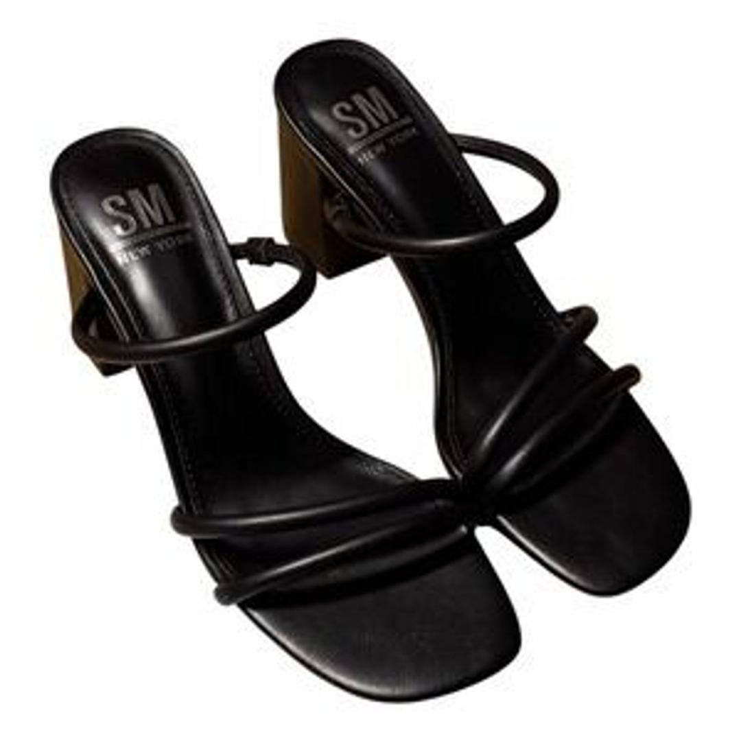 SM New York Block Heel Sandals Strappy Slip On Mules Minimalist Black, 10