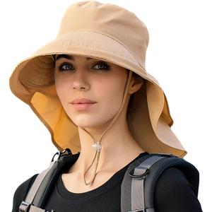 Packable Extra Large Brim Floppy Sun Hat Reversible UPF 50+ Beach Sun Bucket Hat (A-Khaki)