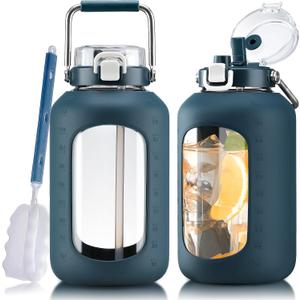 WINSA Large Glass Water Bottles with Stainless Steel Handle,100 oz Gallon Drinking Bottle with 2-in-1 Straw Lid,3 Liter Glass Water Jug with Silicone Sleeve,Wide Mouth,Dark Blue