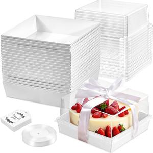 8 Pack 7x7x4 Cake Boxes with Clear Lids for 4-6 Inch Cakes, Treats or Desserts – Paper Bento Cake Boxes, Disposable Bundt Containers – Bakery Take Out Containers – To Go Square Packaging, White