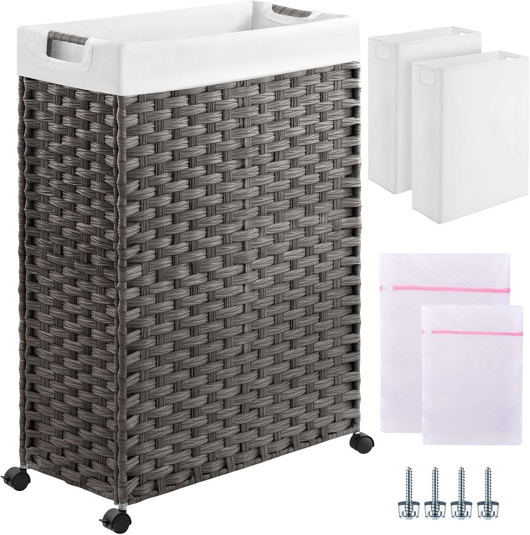 Greenstell Laundry Hamper with Wheels & Handles, 26.4 Gallon (100L) Slim Laundry Basket with 2 Removable Liner Bags & 2 Mesh Bags, Foldable Narrow Clothes Hamper for Bedroom, Bathroom, Closet, Grey