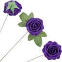 Artificial Flower Foam Rose 25pcs Real Looking Fake Rose with Stems Leaves for Home Decoration Party Garden Centerpieces DIY Wedding BouquetsPurple