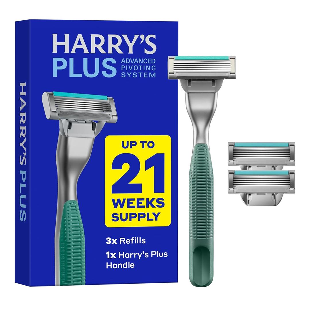 Harry's Plus Razor Shaving Kit for Men - Premium Handle and 3 Razor Blade Cartridges - Advanced Pivoting System - Moss