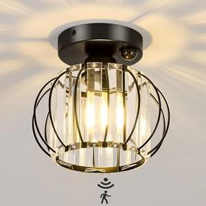 YYJLX Indoor Motion Sensor Ceiling Light Fixture Modern Cryatal Semi Flush Mount Ceiling Light Black Ovrehead Light Fixture for Porch Hallway Front Entryway Kitchen Hall Garage.