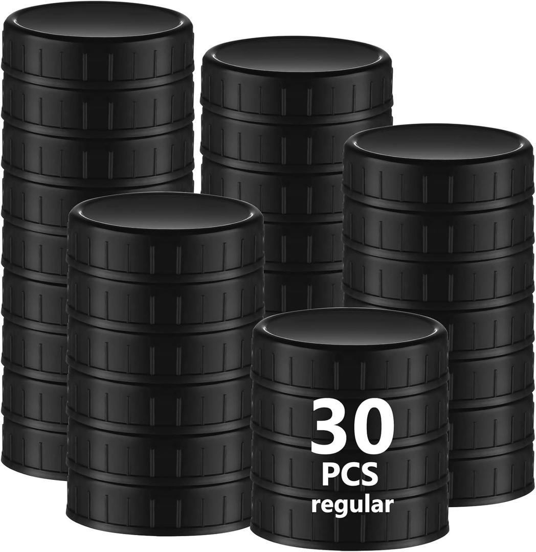 30 Pcs Mason Jar Plastic Lids Regular Mouth Plastic Storage Caps with Rubber Seal Replacement Plastic Lids for Mason Jars Canning Jars and More (Black, 70 mm)