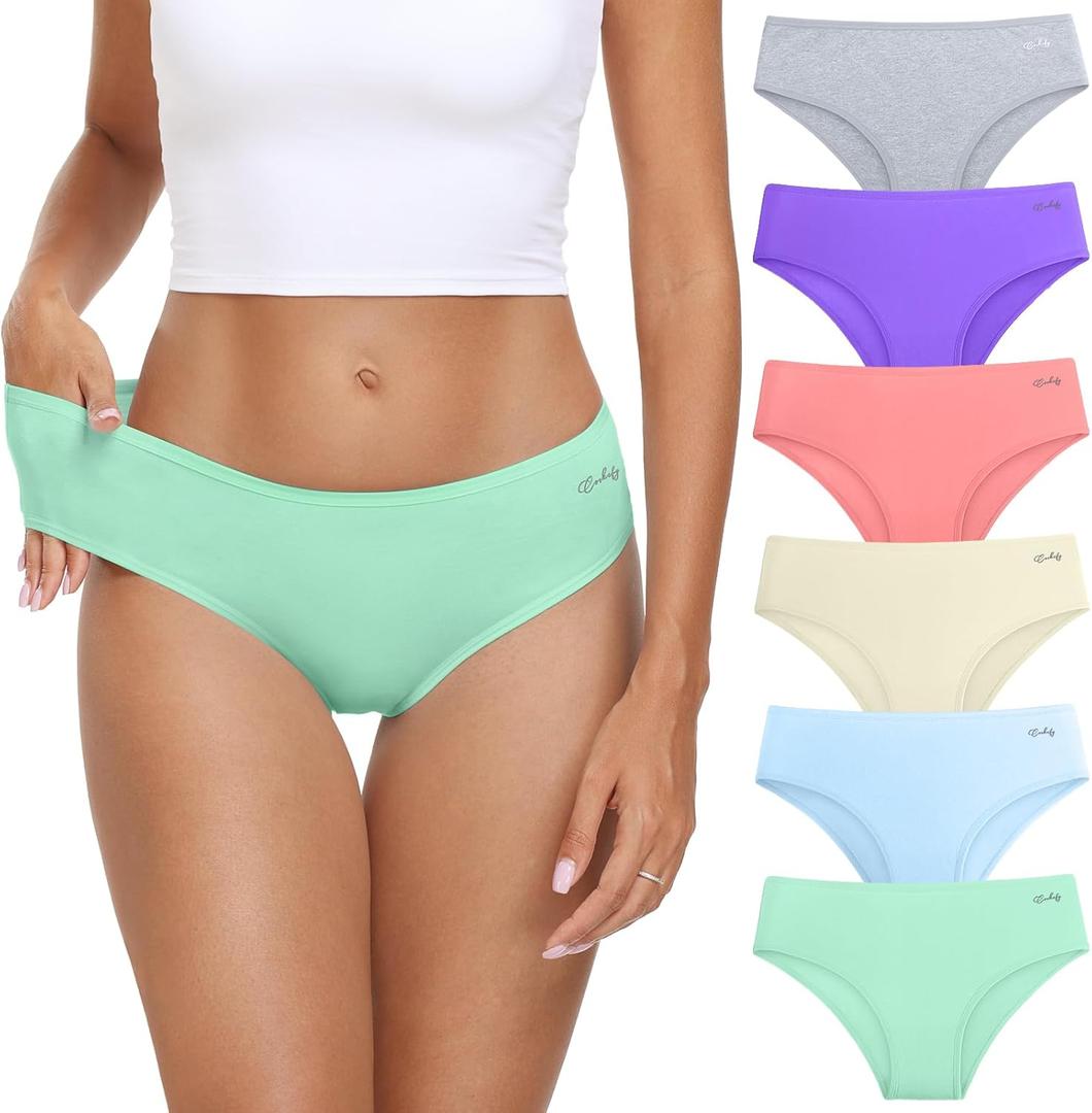 coskefy Women's Underwear Cotton Hipster Panties Low Rise Briefs Soft Strench Breathable Ladies Bikini Underwear 6 Pack (Large, Bright-colored)