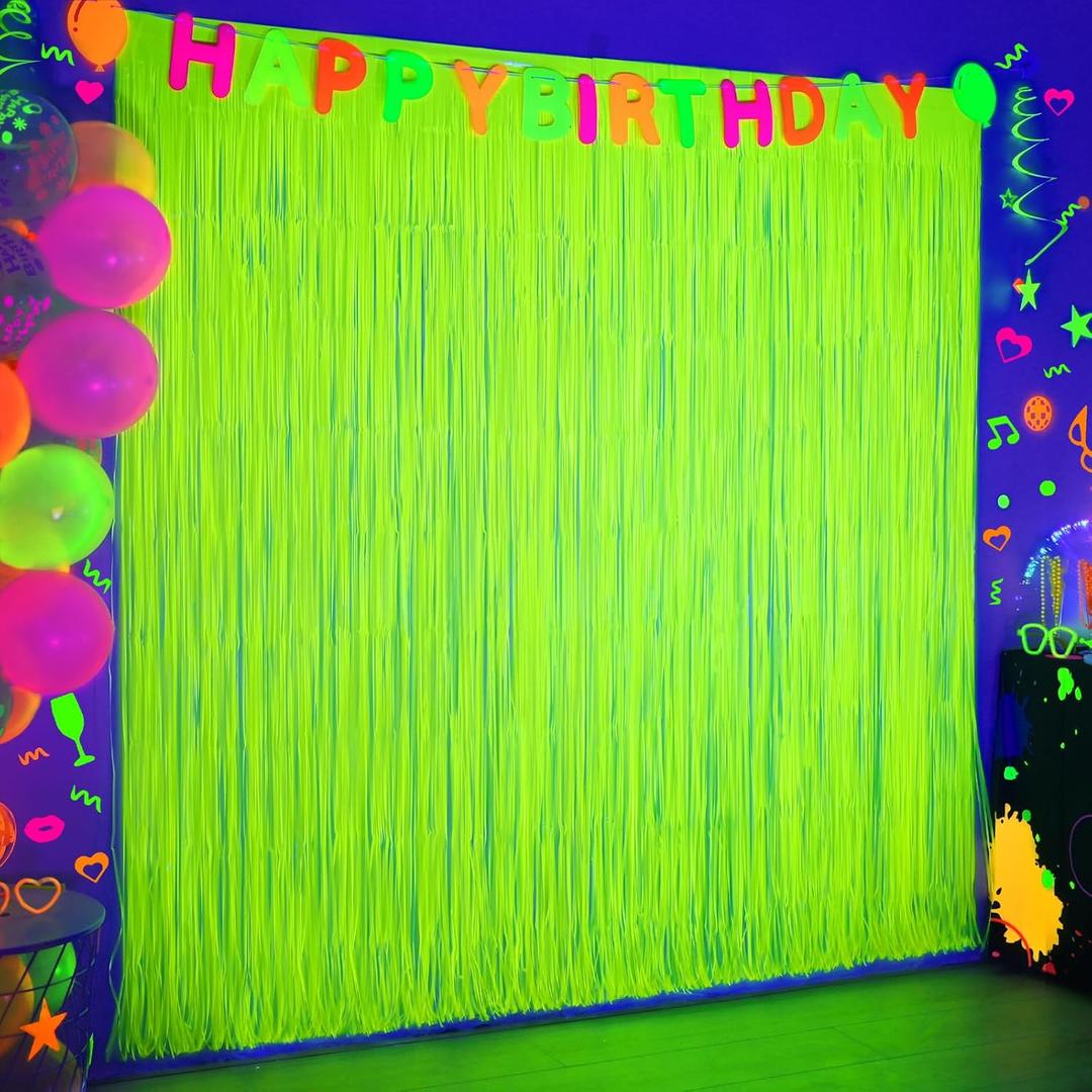 Mega-L Glow in The Dark Party Supplies, 2 Pack Neon Party Decorations 6.6 x 6.6 ft Fluorescent Macaron Yellow Tinsel Foil Fringe Curtains, Photo Booth Prop Backdrop Streamer, Blacklight Decorations