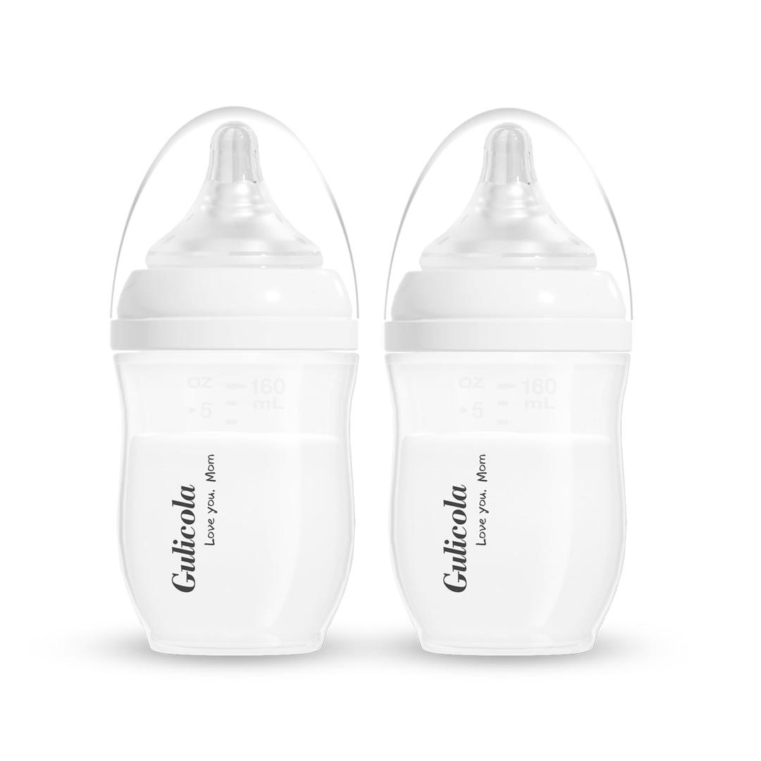 Natural PP Baby Breastfeeding Bottles Newborn Set 2 Pack, Slow Flow Nipples, 0 Months +, 5 Oz - White