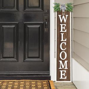 Welcome Sign for Front porch Standing 45"X9" Long Vertical Leaner Tall Wood Framed Outdoor Decor for Home Outside Front Door Decorations (White Wood)