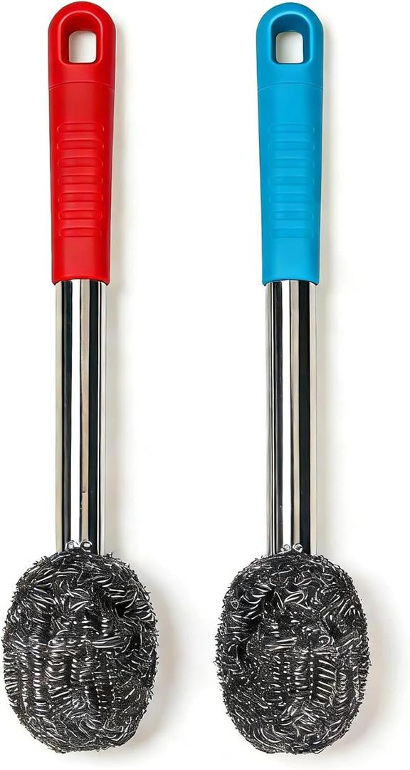 2 x 2PCS Steel Wool Scrubber with Handle Rustproof, Cast Iron Scrubber, Stubborn Messes Pot Brush, Remove Dirt for Cleaning Stoves,Sinks Dishes Grills Bowls & Metal Wire Sponge for Kitchens,Bathroom