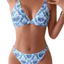 ZAFUL Women's 2 Piece Floral Print Swimsuit Triangle String High Cut Bikini Sets Bathing Suit, Blue, Small 