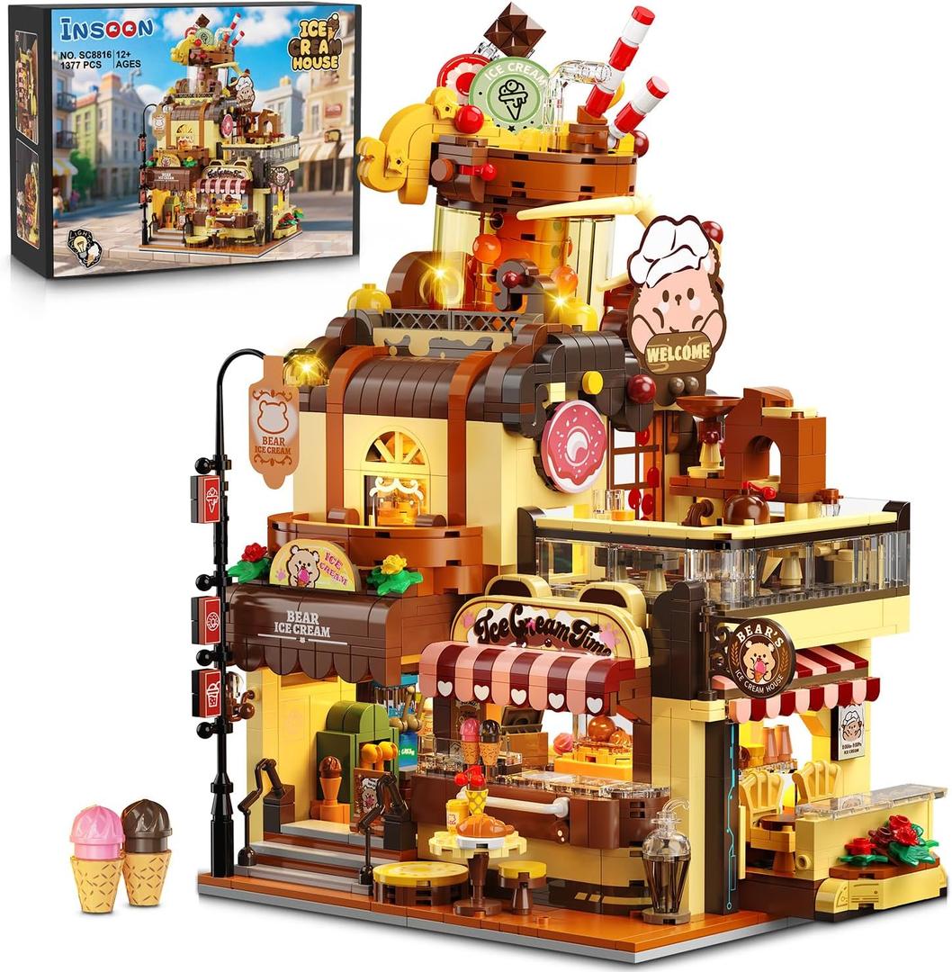 City Ice Cream House Building Set with Lights, 1377 PCS Dessert Shop Building Block Toy with Chocolate Sundae Cone, Sweet Workshop Construction Model for Adults Teens Kids Boys Girls Ages 12+