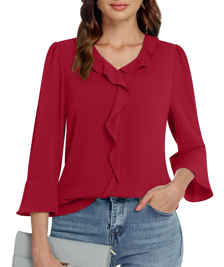 Funlingo Womens 3/4 Sleeve Tops Dressy Casual Ladies Chiffon Tunic Blouses V Neck Business Work Ruffle Shirts 2025 Summer Clothes (Red, L)
