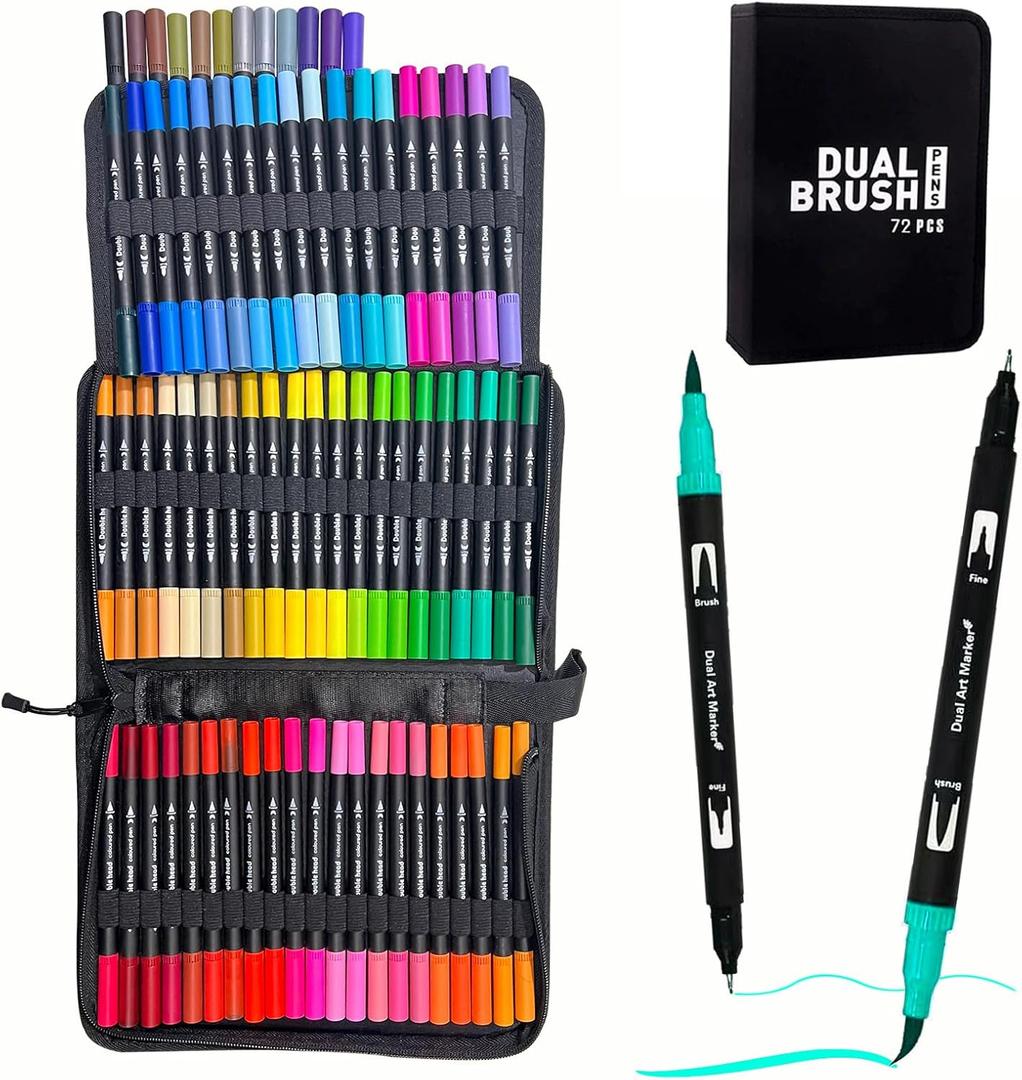 Dual Brush Marker Pens, 72 Colors Art Markers Set with Fine and Brush Tip Markers for Adult Coloring Books No Bleeding, Can Be Used for Note Taking Planner Hand Lettering Calligraphy