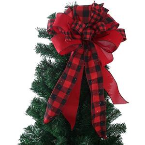Christmas Tree Topper Bow, 23 Inch Red Black Plaid Buffalo Toppers Decorative Bow, Decoration Gift Bow for Holiday Front Door Wreath Decorations Indoor Outdoor
