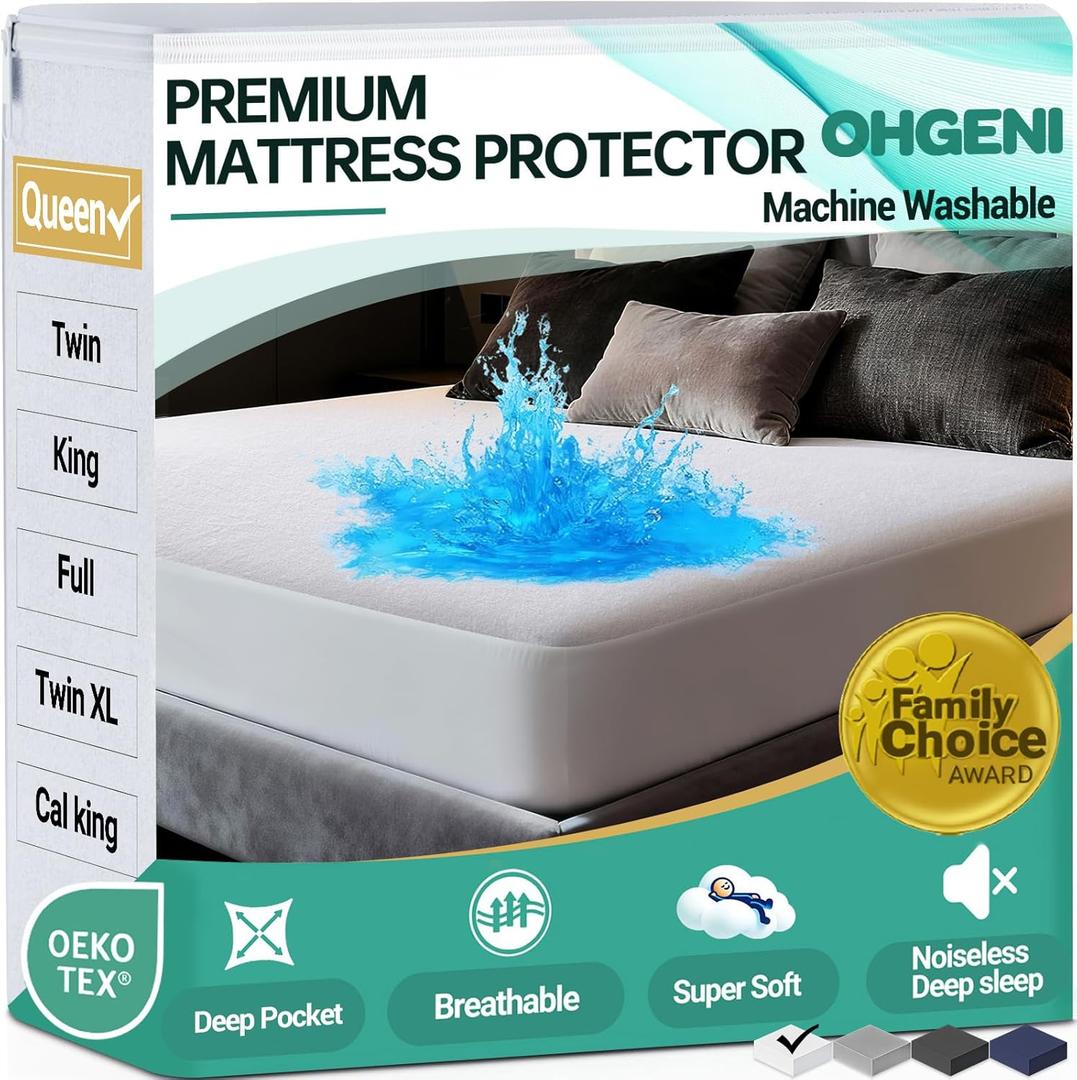 OhGeni Waterproof Mattress Protector, Queen Size Fitted Sheet with Deep Pocket, 6''-18'' Washable Hypoallergenic Mattresses Cover,Noiseless Soft Mattress Pad, Urine,Bedroom Essential,Pee & Dirt-Proof