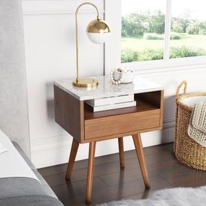 Nathan James Mid-Century Rectangle Accent Side or End Table Walnut Finish Wood and Faux Marble Top with Storage Nightstand, Frame, White/Brown, Set of 1