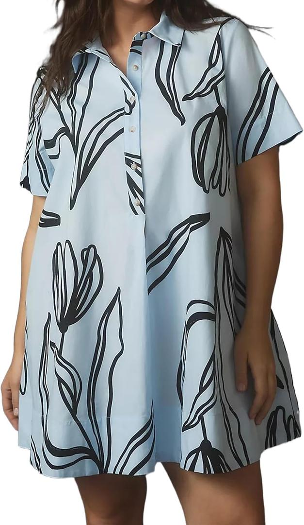 Women's Short Sleeve Swing Tunic Mini Dress Button Up Blouse Shirt Summer Loose Casual Flowy A Line Short Dress (Blue Flower) Size XL